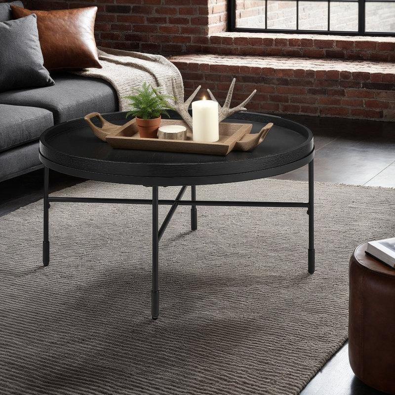 Siyah Ahşap Yükseltilmiş Kenarlı Metal Ayaklı Yuvarlak Orta Sehpa - 92 cm - 243753