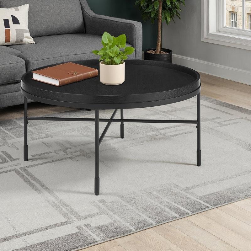 Siyah Ahşap Yükseltilmiş Kenarlı Metal Ayaklı Yuvarlak Orta Sehpa - 92 cm - 243753