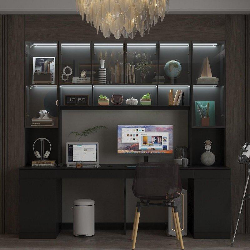 Siyah Alüminyum Cam Işıklı Dolaplı Çekmeceli Çalışma Masalı Kitaplık - 231x211x60 cm - 320802