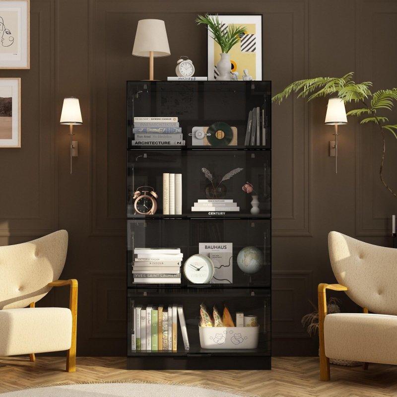 Siyah Alüminyum LED Aydınlatmalı Dört Kapaklı Cam Kapaklı Kitaplık - 81x40x161 cm - 238896