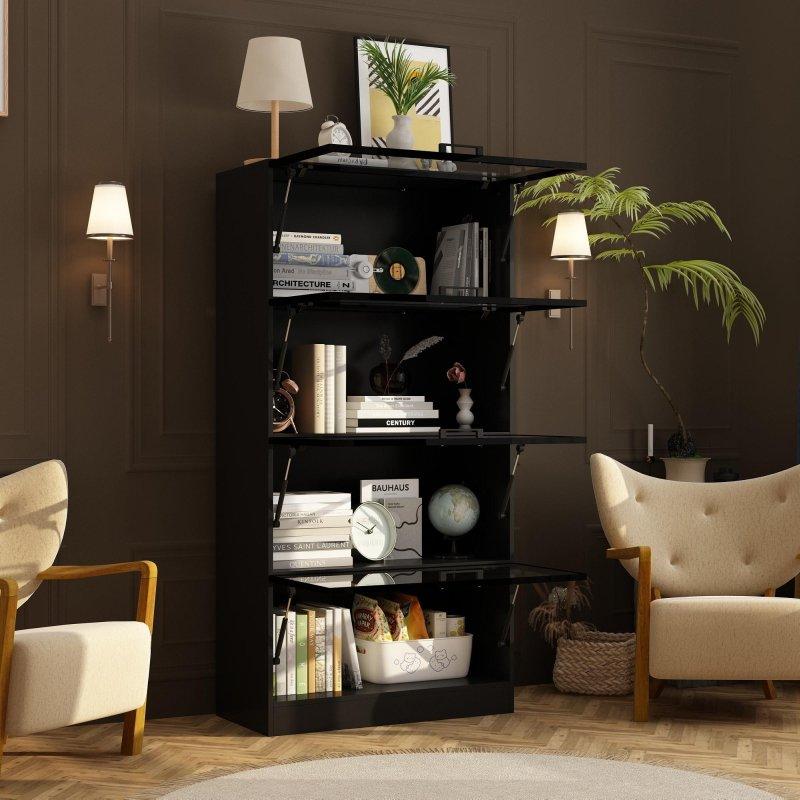 Siyah Alüminyum LED Aydınlatmalı Dört Kapaklı Cam Kapaklı Kitaplık - 81x40x161 cm - 238896
