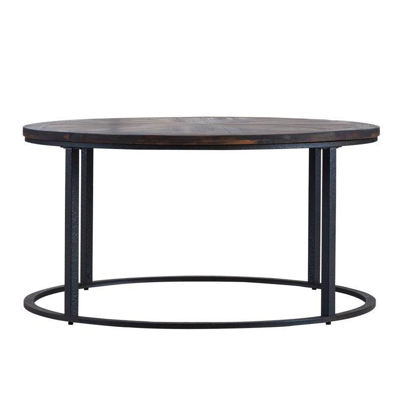 Siyah Ayaklı Kahverengi Masif Ahşap Güneş Işını Desenli Yuvarlak Orta Sehpa - 92 cm - 244105