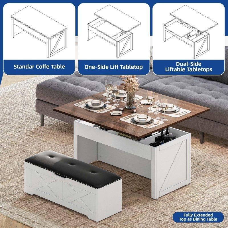 Siyah Beyaz MDF Çift Kaldırma Mekanizmalı ve Tekerlekli Puflu Akıllı Sehpa - 254508