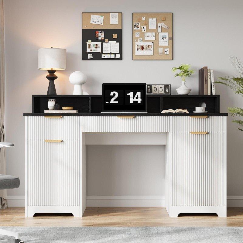 Siyah Beyaz MDF Dahili Prizli ve Monitör Standlı Ofis Masası - 150x53 cm - 326308