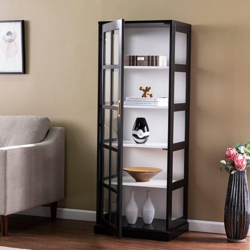 Siyah Beyaz MDF Gold Kulplu 5 Raflı Cam Kapaklı Kitaplık - 60x42x154 cm - 313863