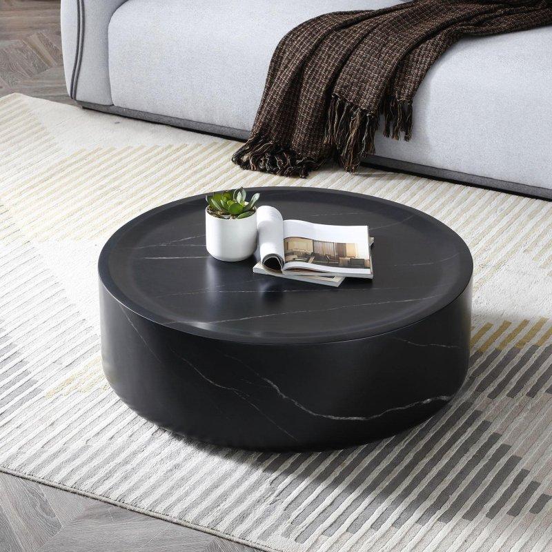 Siyah Beyaz Mermer Desenli Cam Tabla Montajsız Yuvarlak Orta Sehpa - 92x31 cm - 243525