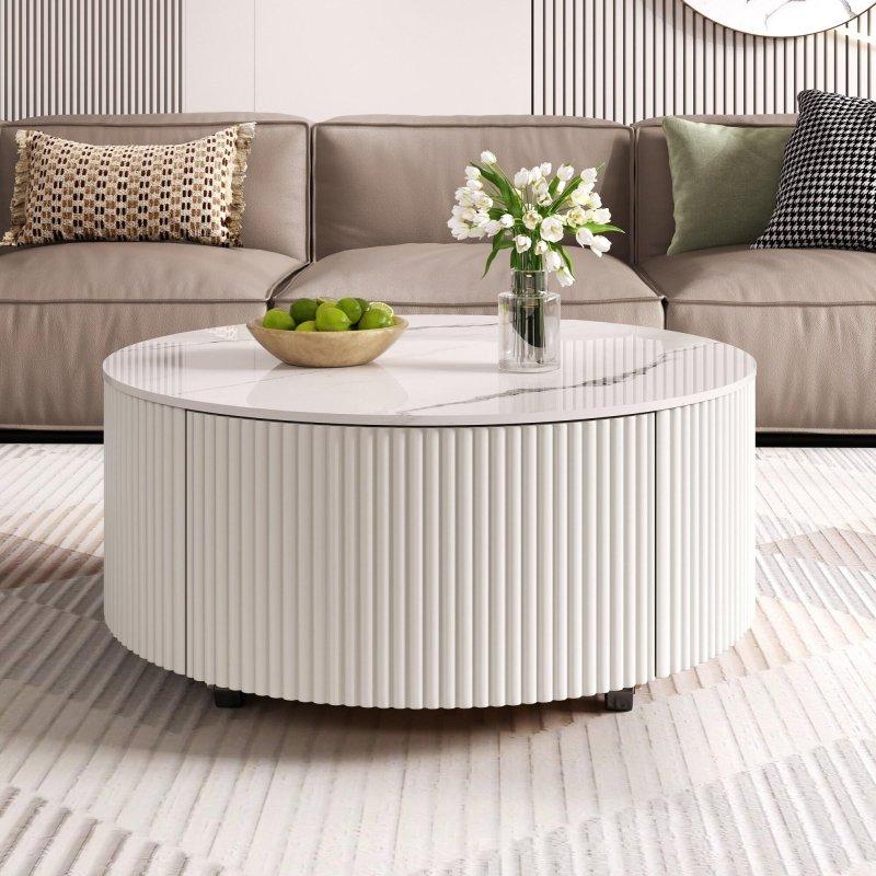 Siyah Beyaz Mermer Desenli MDF Depolamalı Tekerlekli Yuvarlak Orta Sehpa - Ø75 cm - 241798