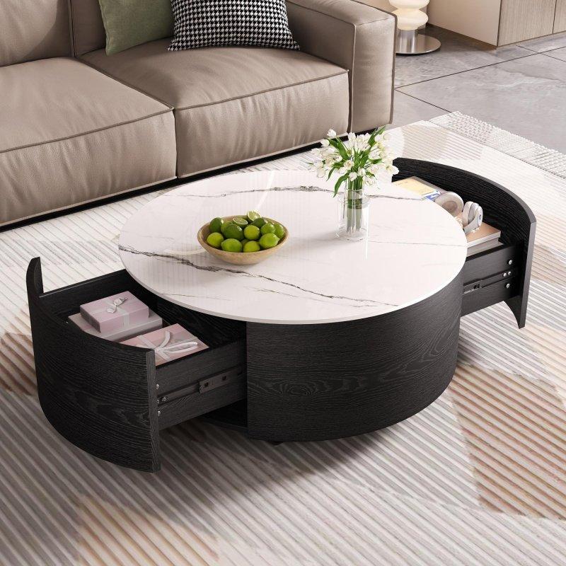 Siyah Beyaz Mermer Desenli MDF Depolamalı Tekerlekli Yuvarlak Orta Sehpa - Ø75 cm - 241798