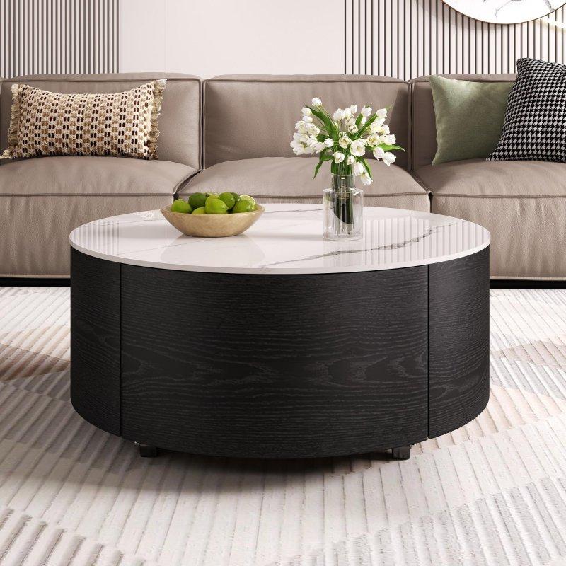 Siyah Beyaz Mermer Desenli MDF Depolamalı Tekerlekli Yuvarlak Orta Sehpa - Ø75 cm - 241798