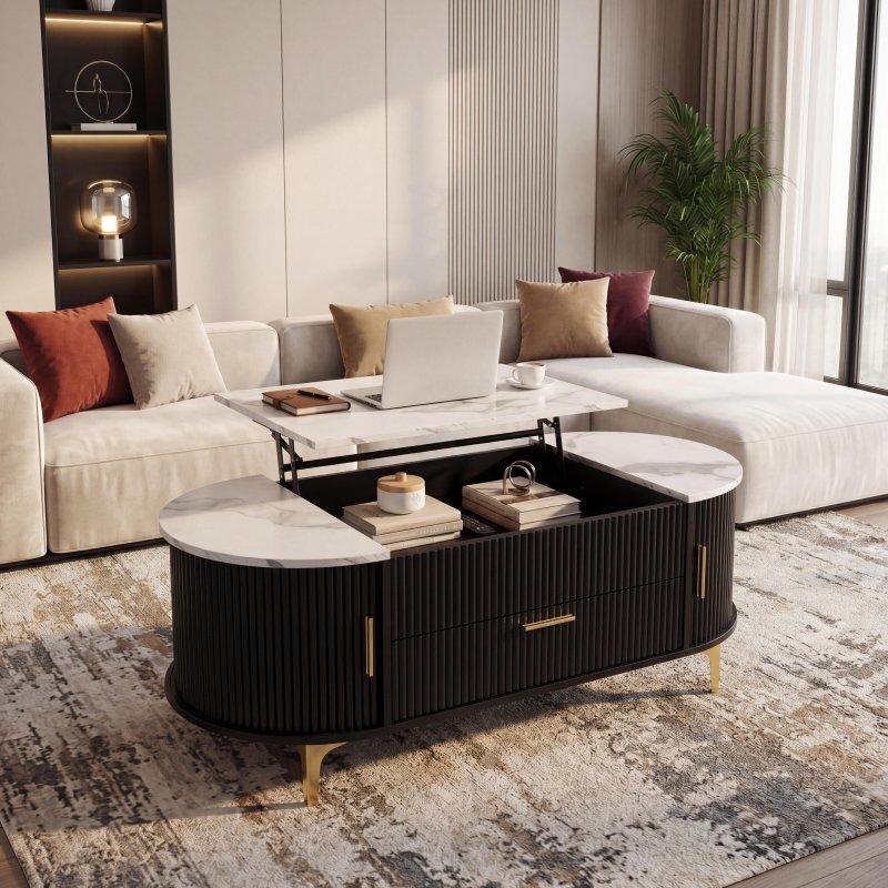 Siyah Beyaz Mermer Desenli MDF ve Metal Yükseltilebilir Gizli Bölmeli Akıllı Sehpa - 120x56x46 cm - 254638