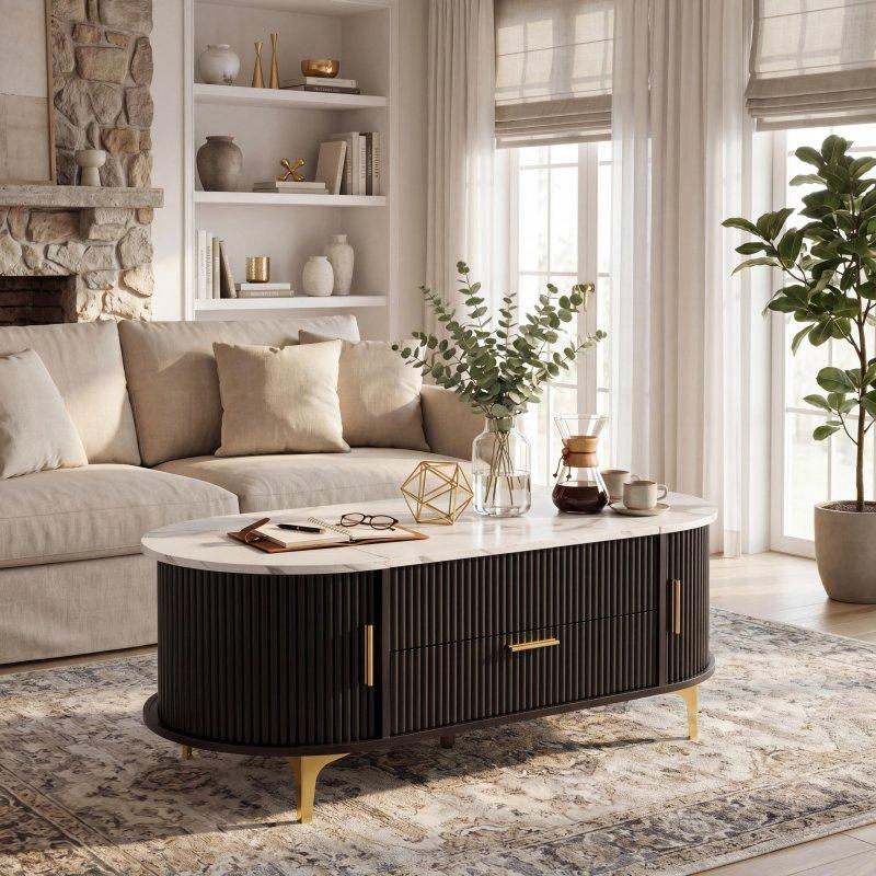 Siyah Beyaz Mermer Desenli MDF ve Metal Yükseltilebilir Gizli Bölmeli Akıllı Sehpa - 120x56x46 cm - 254638