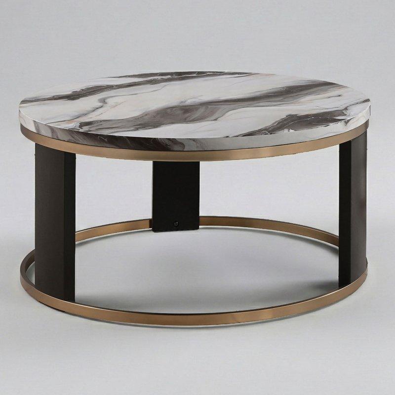 Siyah Beyaz Mermer Görünümlü Metal Ayaklı Modern Yuvarlak Orta Sehpa - 92x46 cm - 242629