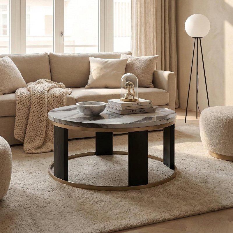 Siyah Beyaz Mermer Görünümlü Metal Ayaklı Modern Yuvarlak Orta Sehpa - 92x46 cm - 242629