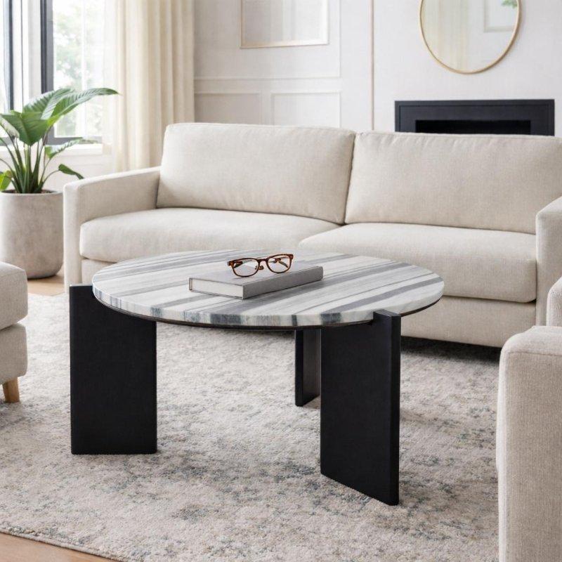 Siyah Beyaz Mermer Tabla Ahşap Ayaklı Modern Yuvarlak Orta Sehpa - 82x44 cm - 242806