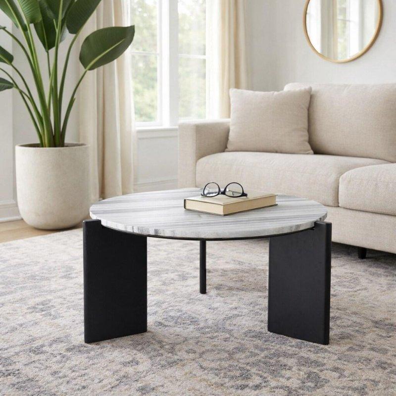 Siyah Beyaz Mermer Tabla Ahşap Ayaklı Modern Yuvarlak Orta Sehpa - 82x44 cm - 242806