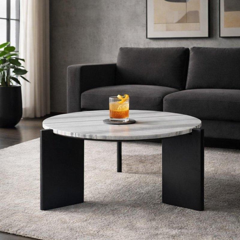 Siyah Beyaz Mermer Tabla Ahşap Ayaklı Modern Yuvarlak Orta Sehpa - 82x44 cm - 242806