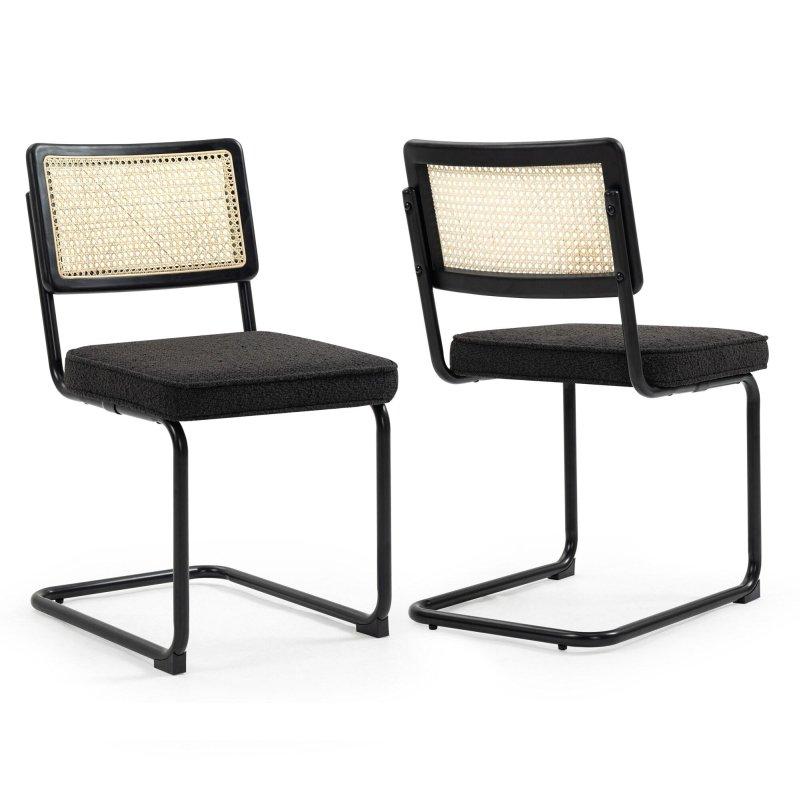 Siyah Buklet Kumaş Rattan Sırtlıklı Demir Ayaklı 2li Set Rattan Sandalye - 251588