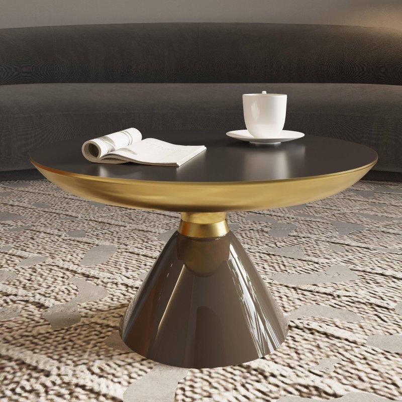 Siyah Cam Fırçalanmış Gold Detaylı Kaide Ayaklı Yuvarlak Orta Sehpa - 76 cm - 241941