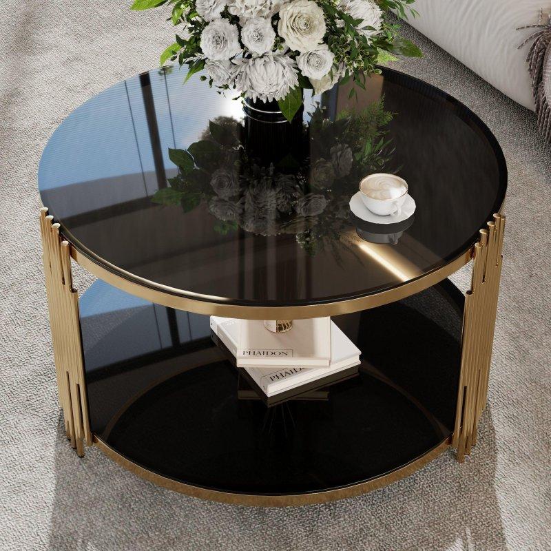 Siyah Cam Gold Metal Raflı Asimetrik Tasarım Yuvarlak Orta Sehpa - Çap 81 cm - 240275