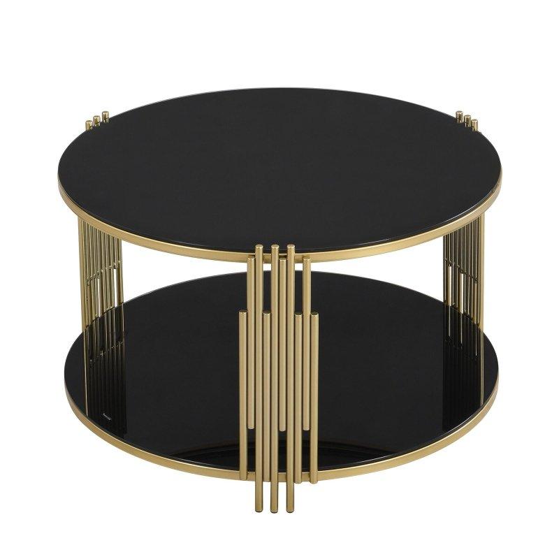 Siyah Cam Gold Metal Raflı Asimetrik Tasarım Yuvarlak Orta Sehpa - Çap 81 cm - 240275