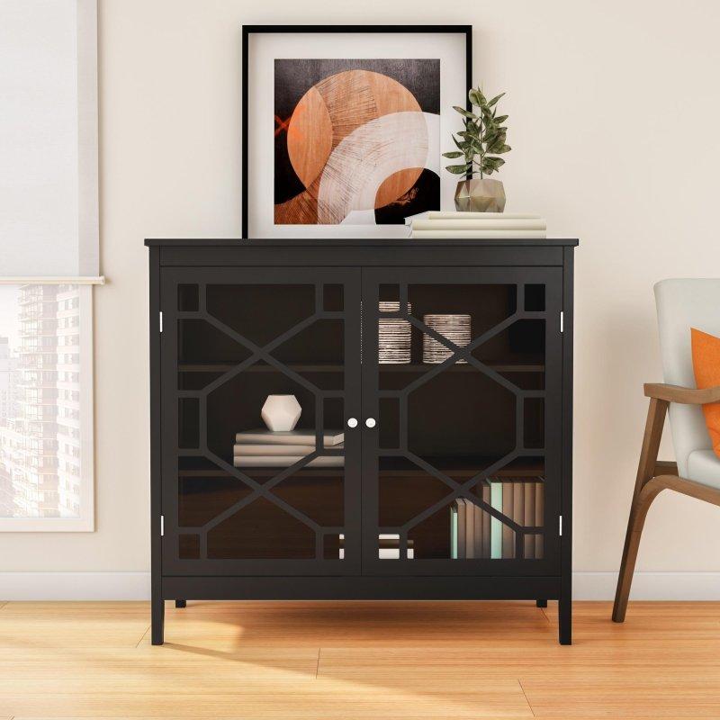 Siyah Cam Kapaklı Geometrik Desenli MDF Kitaplık - 97x93x39 cm - 313680