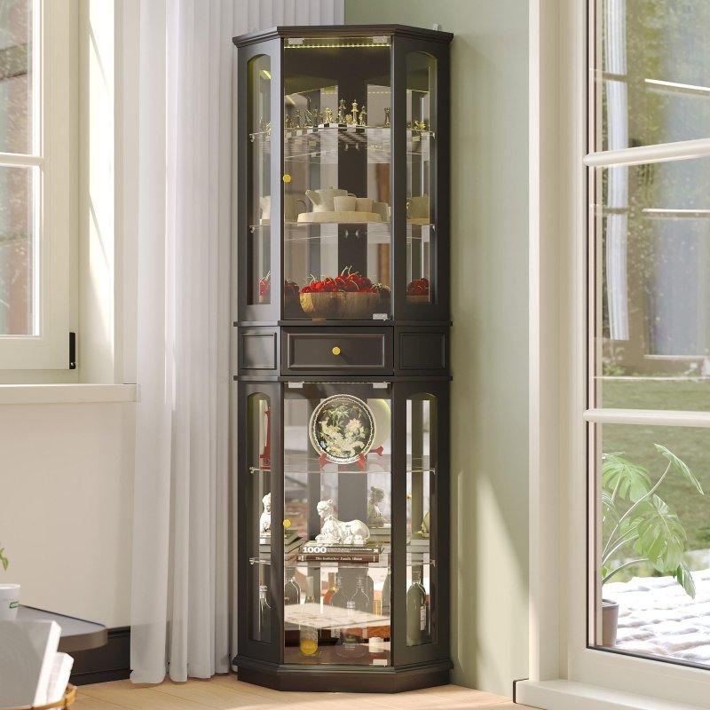 Siyah Cam LED Aydınlatmalı Çekmeceli Köşe Kitaplık - 197 cm - 317790