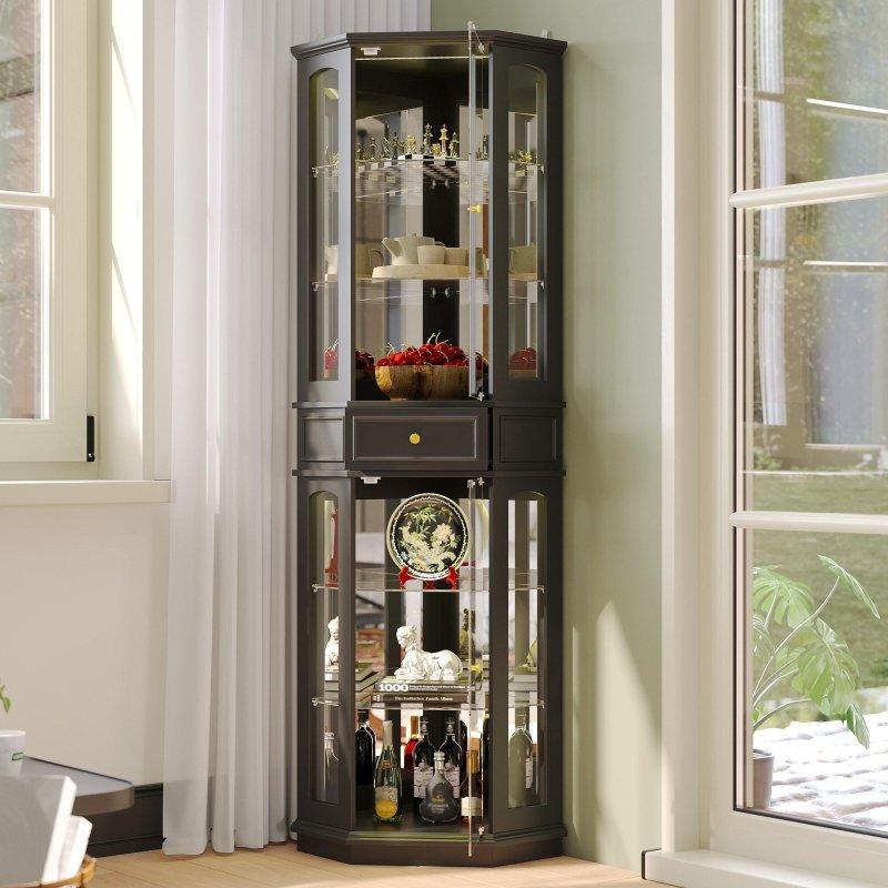 Siyah Cam LED Aydınlatmalı Çekmeceli Köşe Kitaplık - 197 cm - 317790