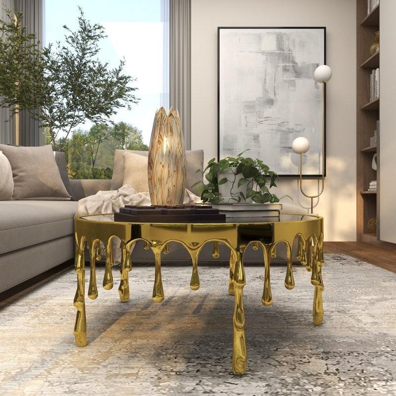 Siyah Cam Tablalı Eriyen Tasarımlı Alüminyum Yuvarlak Orta Sehpa - 92x41 cm - 243934