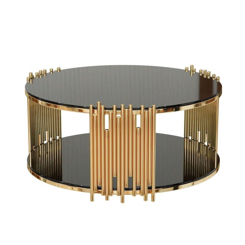 Siyah Cam Tablalı Gold Paslanmaz Çelik Modern Yuvarlak Orta Sehpa - 92 cm - 240311