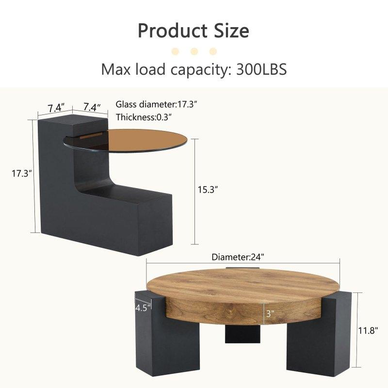 Siyah Cam ve MDF İki Katlı Ayrılabilir Tasarım Yuvarlak Orta Sehpa - 61x44 cm - 240470