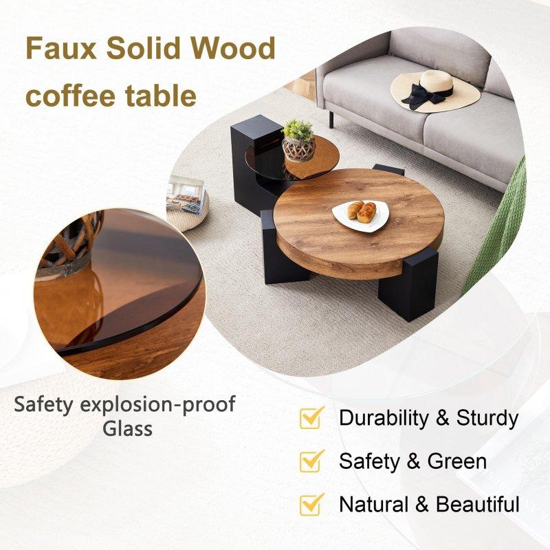 Siyah Cam ve MDF İki Katlı Ayrılabilir Tasarım Yuvarlak Orta Sehpa - 61x44 cm - 240470