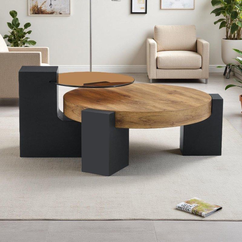 Siyah Cam ve MDF İki Katlı Ayrılabilir Tasarım Yuvarlak Orta Sehpa - 61x44 cm - 240470