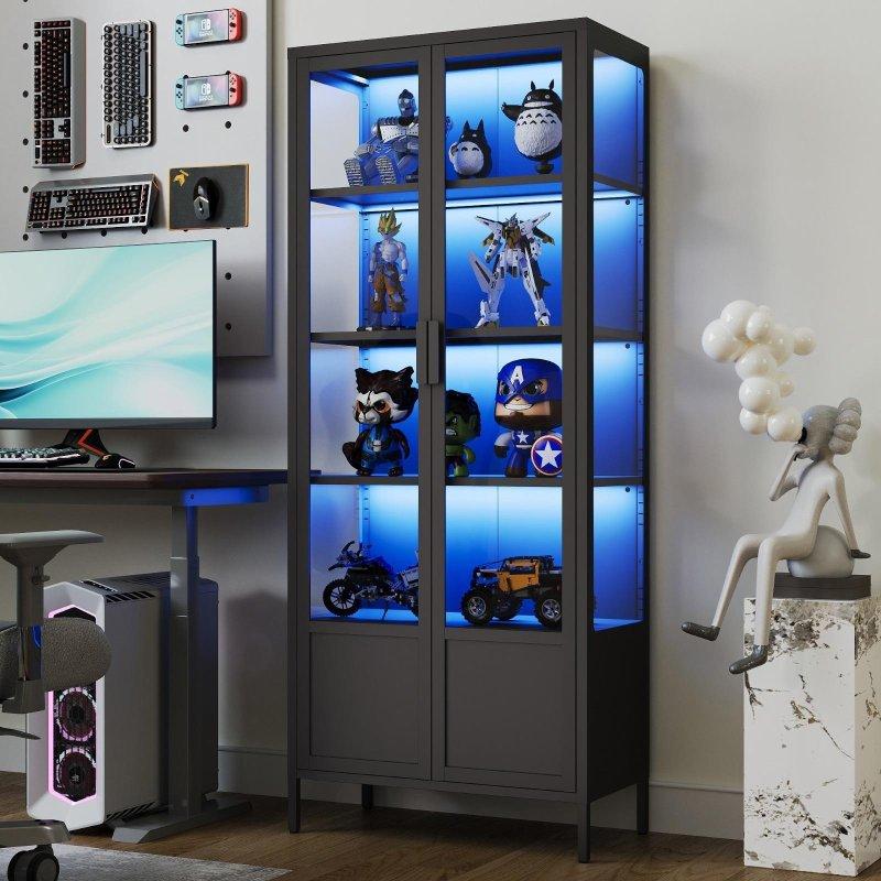 Siyah Çelik 13 Renkli RGB Aydınlatmalı Ayarlanabilir Raflı Cam Kapaklı Kitaplık - 170x71x36 cm - 239086