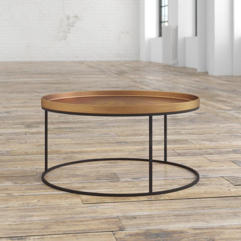 Siyah Çelik Ayaklı El Yapımı Alüminyum Tepsili Rustik Yuvarlak Orta Sehpa - 89x44 cm - 243731