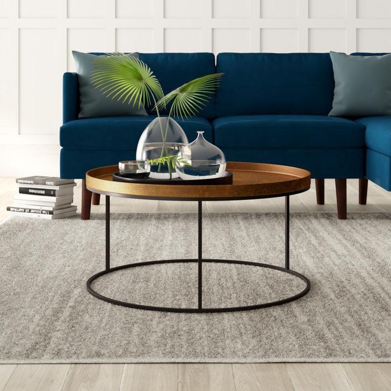 Siyah Çelik Ayaklı El Yapımı Alüminyum Tepsili Rustik Yuvarlak Orta Sehpa - 89x44 cm - 243731