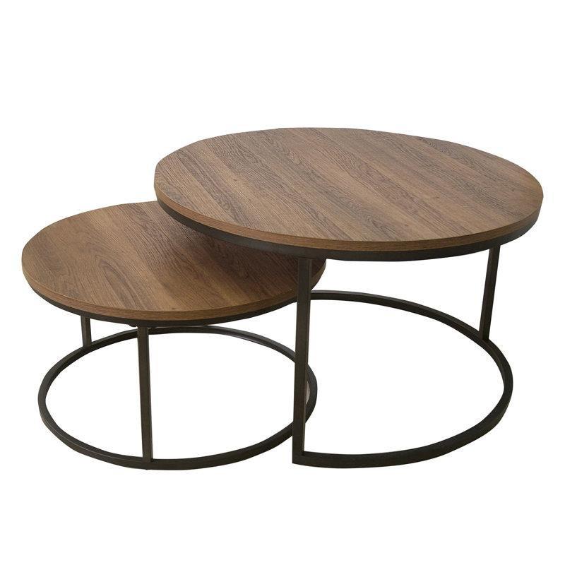 Siyah Çelik ve Ahşap İç İçe Geçen 2li Set Yuvarlak Orta Sehpa - 81 cm - 244979