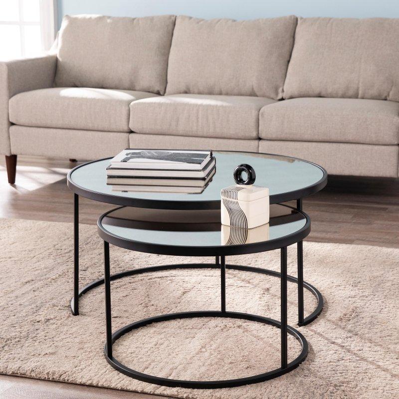 Siyah Demir Eskitme Aynalı İç İçe Geçen 2li Set Yuvarlak Orta Sehpa - 82 cm - 239788