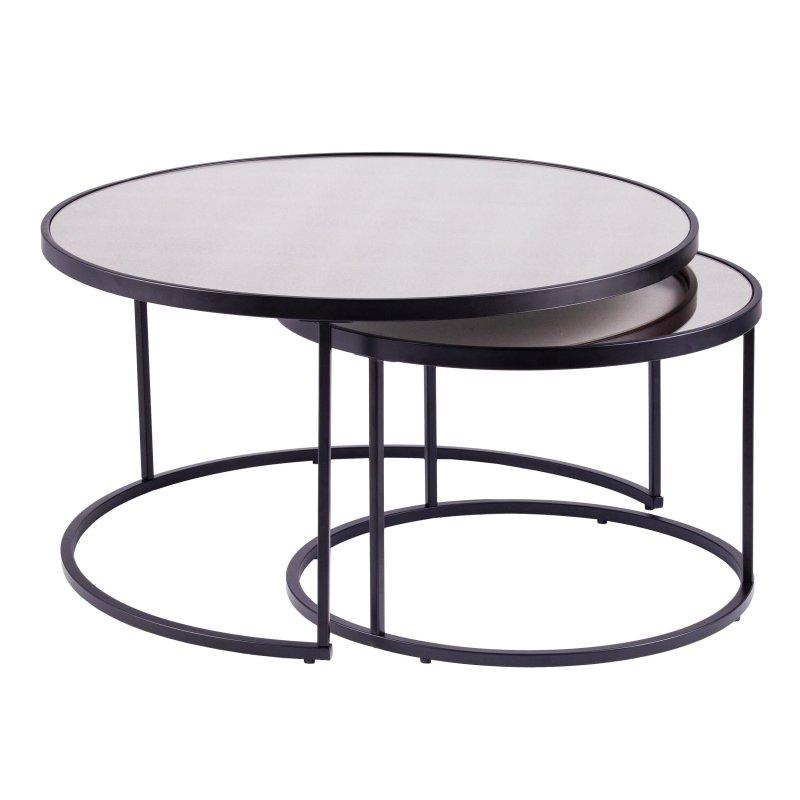 Siyah Demir Eskitme Aynalı İç İçe Geçen 2li Set Yuvarlak Orta Sehpa - 82 cm - 239788