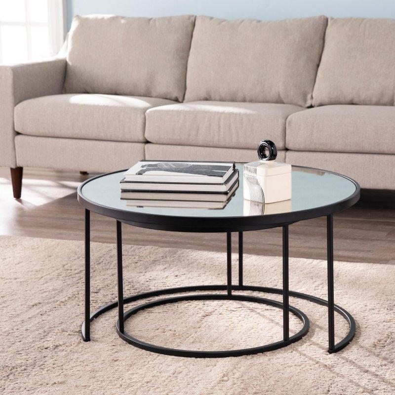 Siyah Demir Eskitme Aynalı İç İçe Geçen 2li Set Yuvarlak Orta Sehpa - 82 cm - 239788
