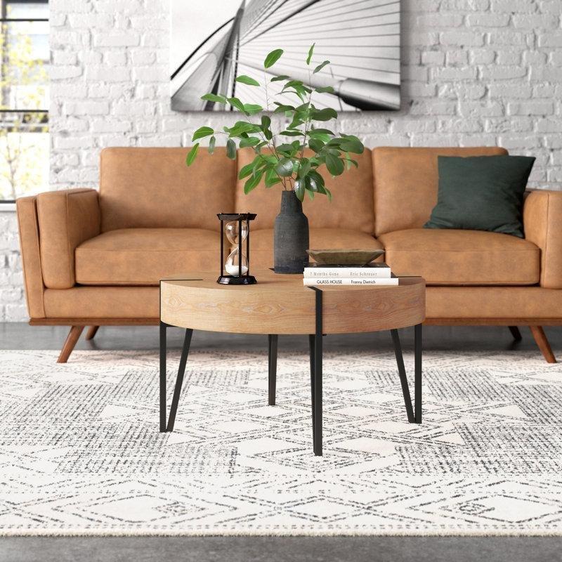 Siyah Firkete Ayaklı Ahşap Dokulu MDF Yuvarlak Orta Sehpa - 81 cm - 245225