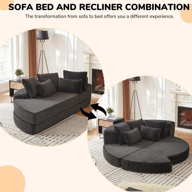 Siyah Fitilli Kadife Kumaş Masif Ahşap Modüler Yataklı Yarım Daire Bohem Koltuk - 200 cm - 290900