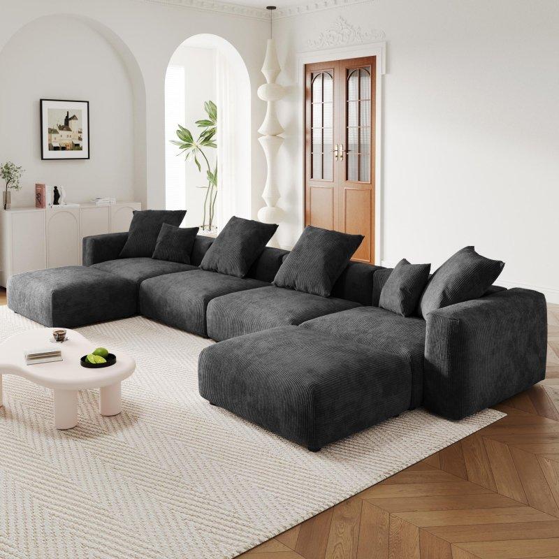 Siyah Fitilli Kadife Modüler U Şekilli Köşe Koltuk - 461x190 cm - 257210