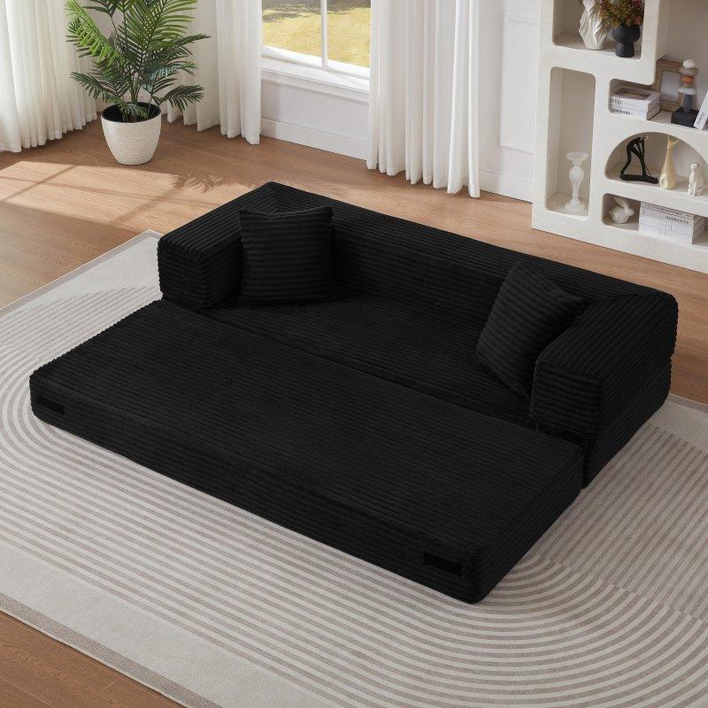 Siyah Fitilli Kumaş Yataklı Kare Kollu Bohem Koltuk - 200 cm - 291846