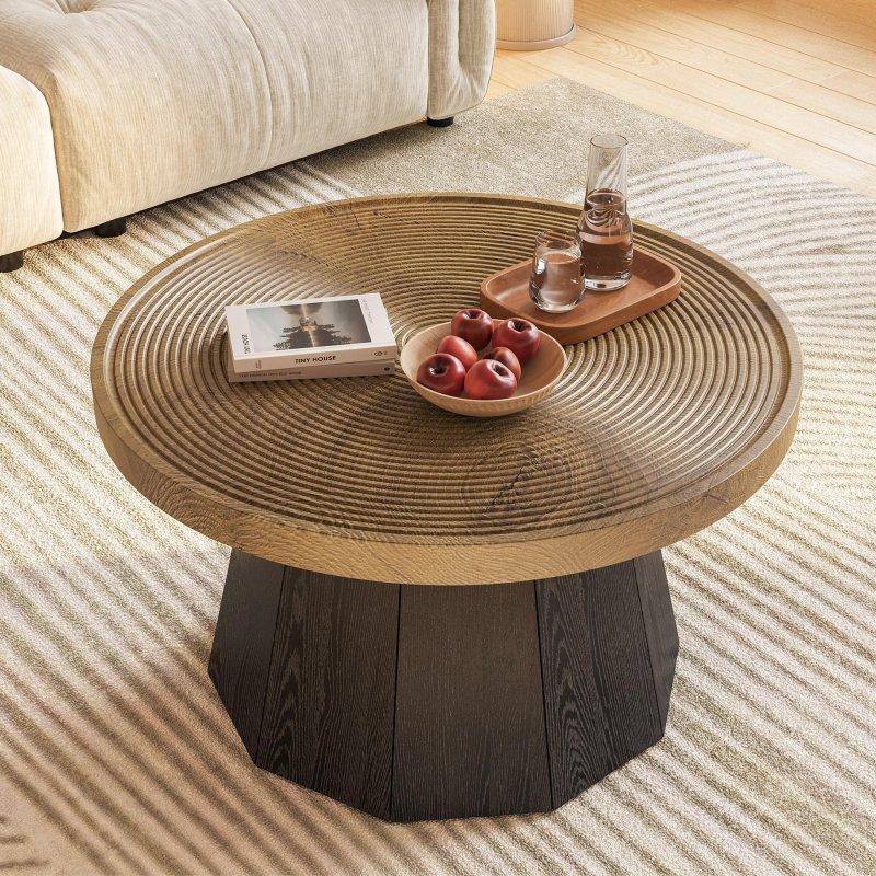 Siyah Geometrik Ayaklı Ağaç Desenli MDF Yuvarlak Orta Sehpa - 80x46 cm - 239934