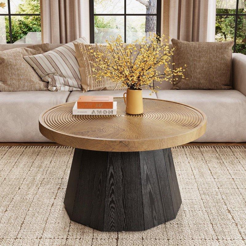 Siyah Geometrik Ayaklı Ağaç Desenli MDF Yuvarlak Orta Sehpa - 80x46 cm - 239934