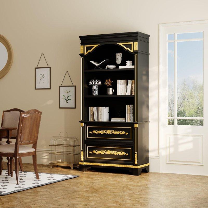 Siyah Gold MDF Çekmeceli Kapaklı Parlak Yüzeyli Kitaplık - 92x195x40 cm - 317032