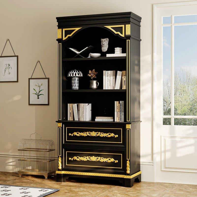 Siyah Gold MDF Çekmeceli Kapaklı Parlak Yüzeyli Kitaplık - 92x195x40 cm - 317032