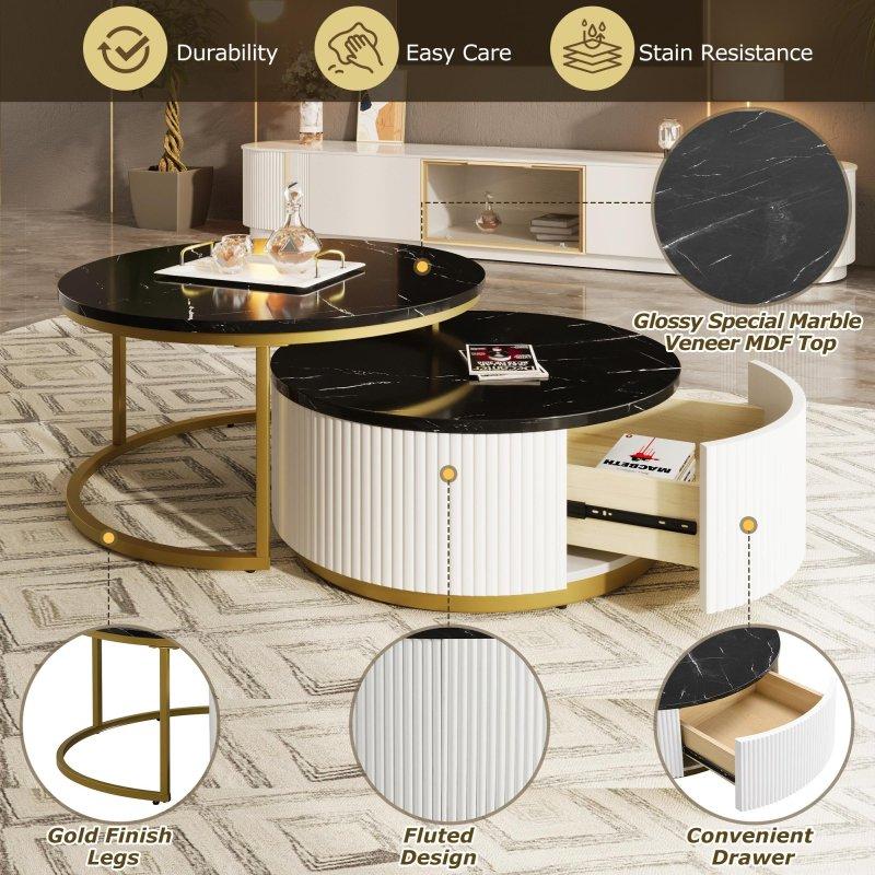 Siyah Gold MDF Çekmeceli Yivli İç İçe Geçen 2li Yuvarlak Orta Sehpa - 242345