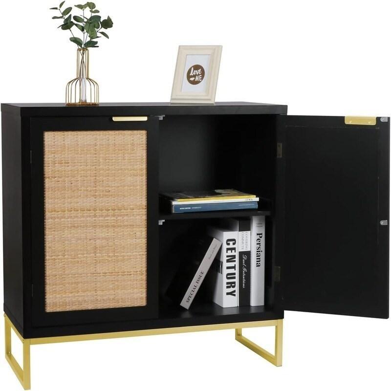 Siyah Gold Metal Ayaklı Rattan Kapaklı MDF Bohem Konsol - 81x36x75 cm - 325044