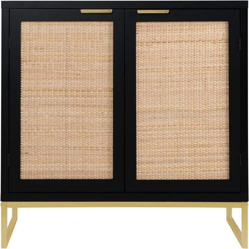 Siyah Gold Metal Ayaklı Rattan Kapaklı MDF Bohem Konsol - 81x36x75 cm - 325044